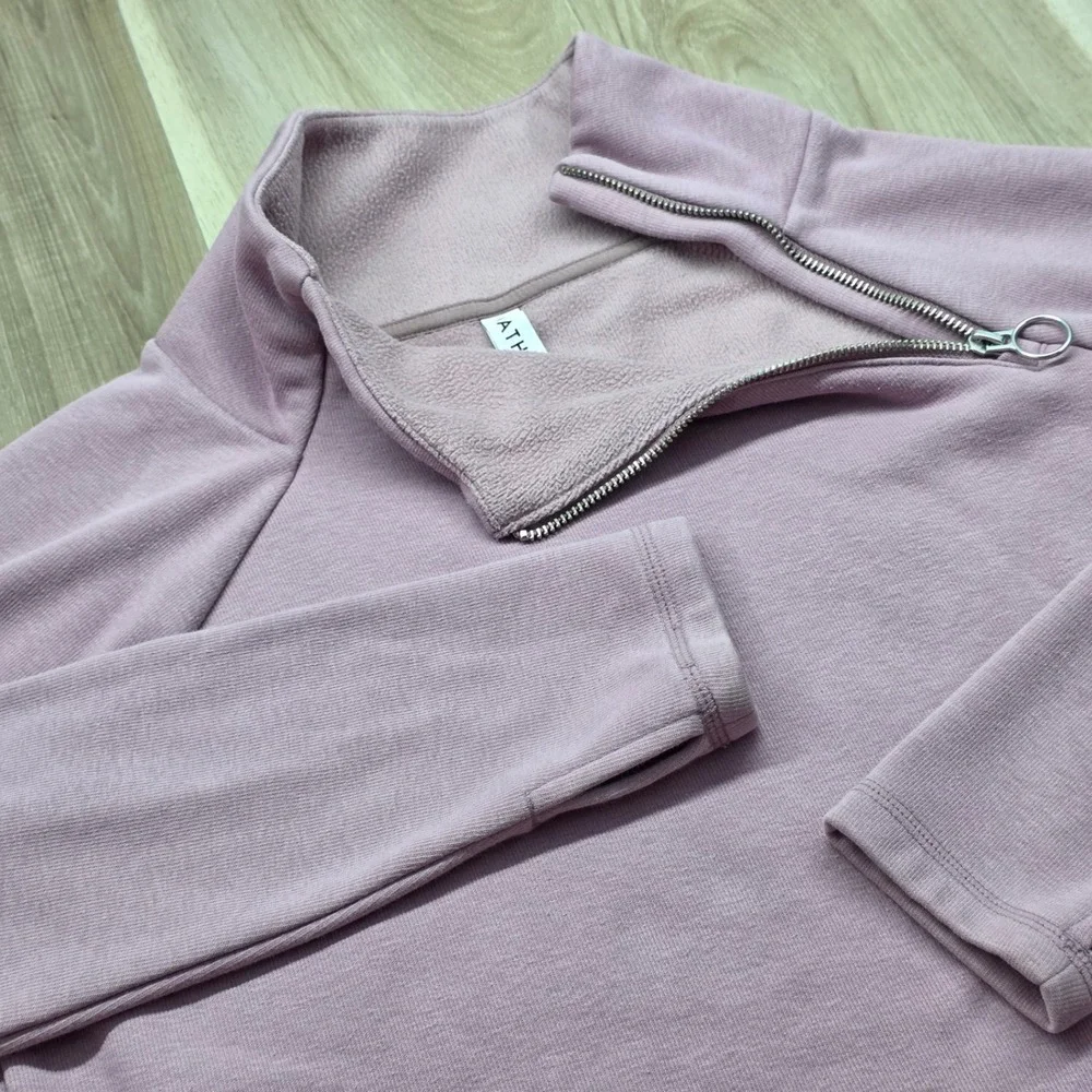Athleta Coaster Luxe Sweatshirt Asymmetric Zip Tulip Hem Mauve Pink Small Womens - Picture 7 of 10